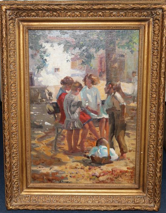 Spanish School Children in a town square 22 x 15in.